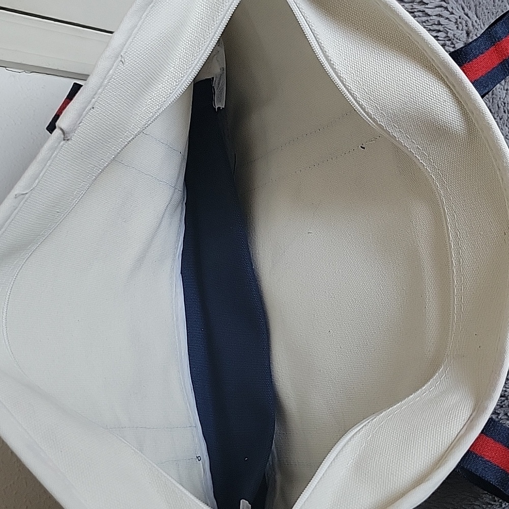 White Canvas Tote with Navy Base and Striped Shoulder Straps - Picture 4 of 4